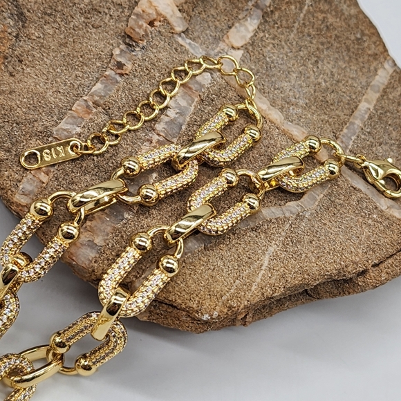 Premium Chunky Necklace Rhodium 18K Gold Plated Chain White Topaz - Picture 5 of 11